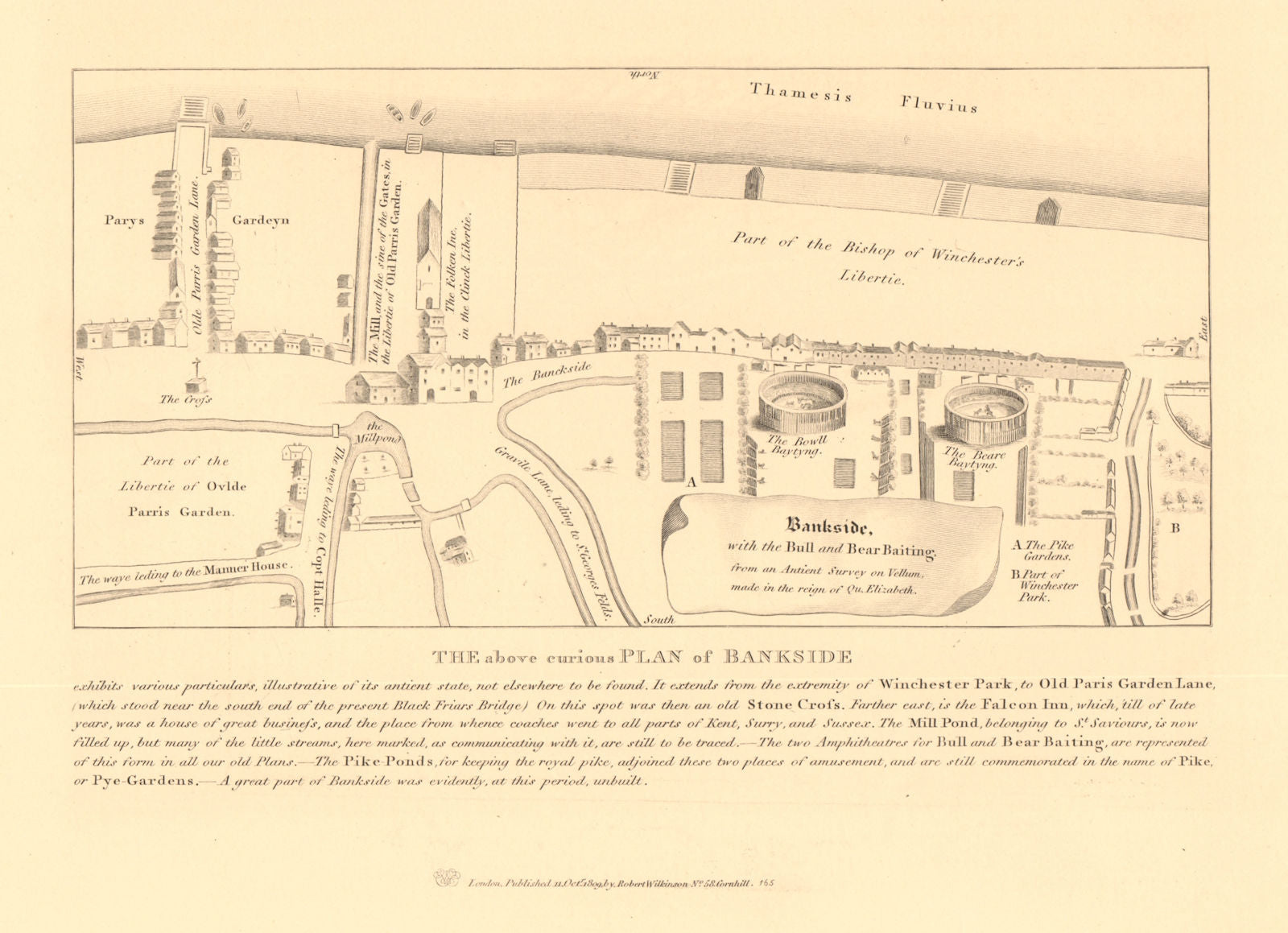 BANKSIDE from a 16C plan. Bull & Bear baiting. Paris Garden. The Clink 1834 map